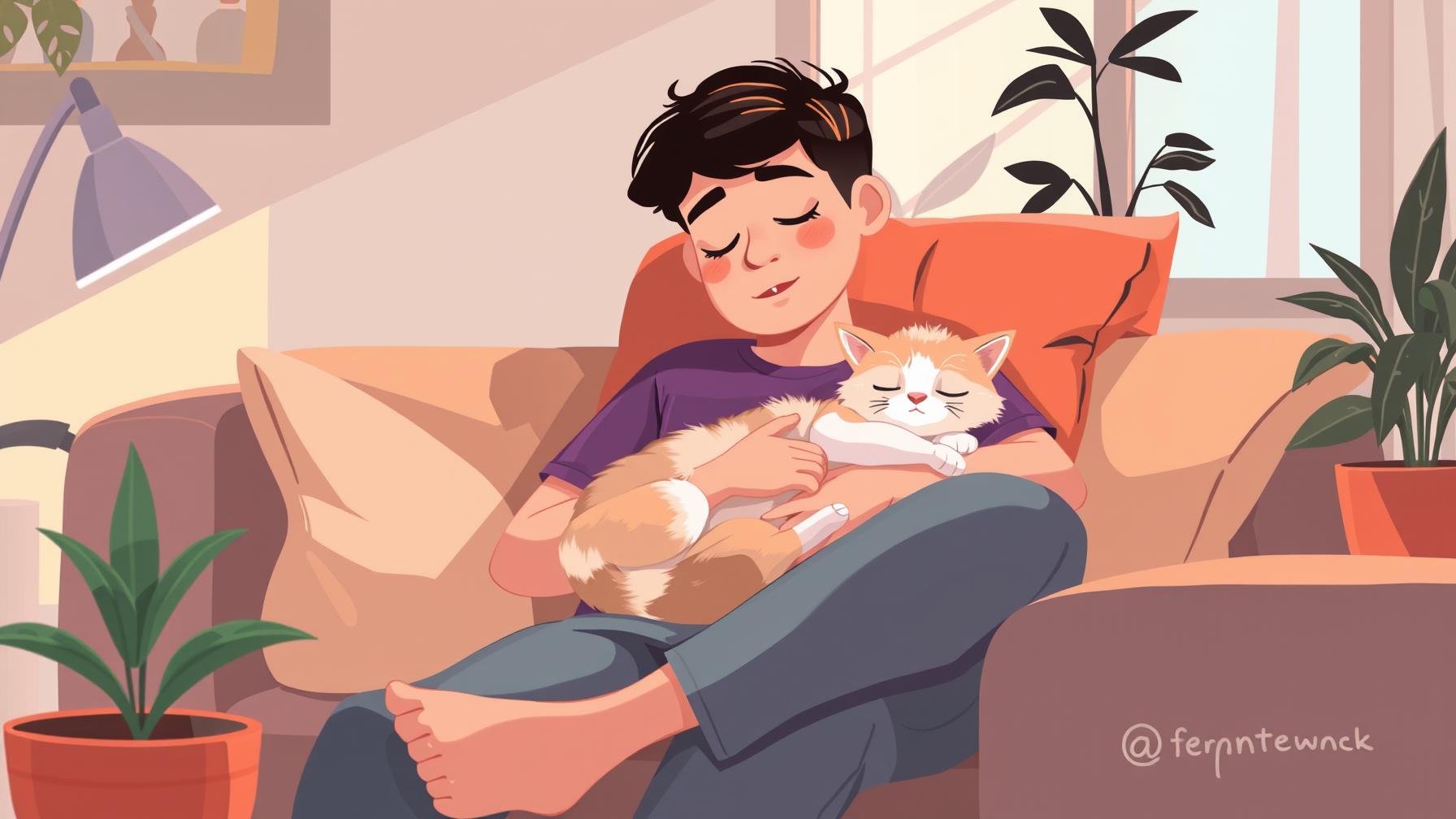 A young woman smiling while cuddling her fluffy tabby cat