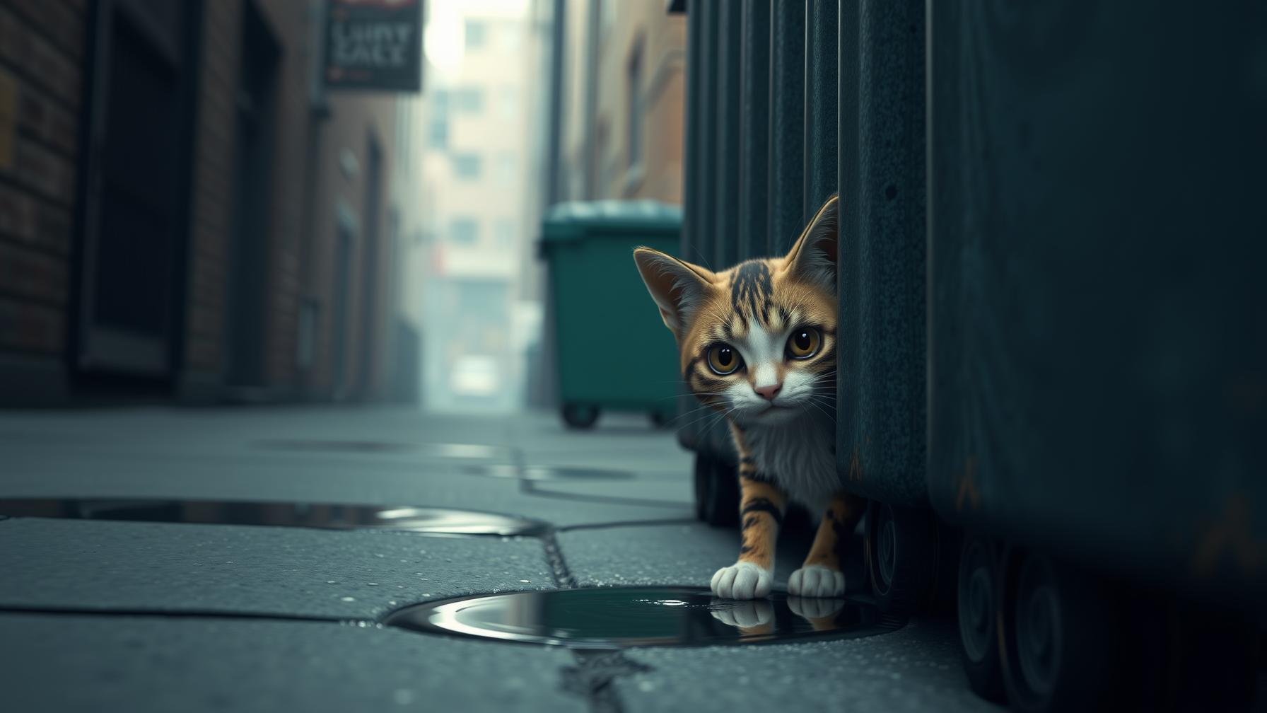 Stray kittens huddled in an urban backyard